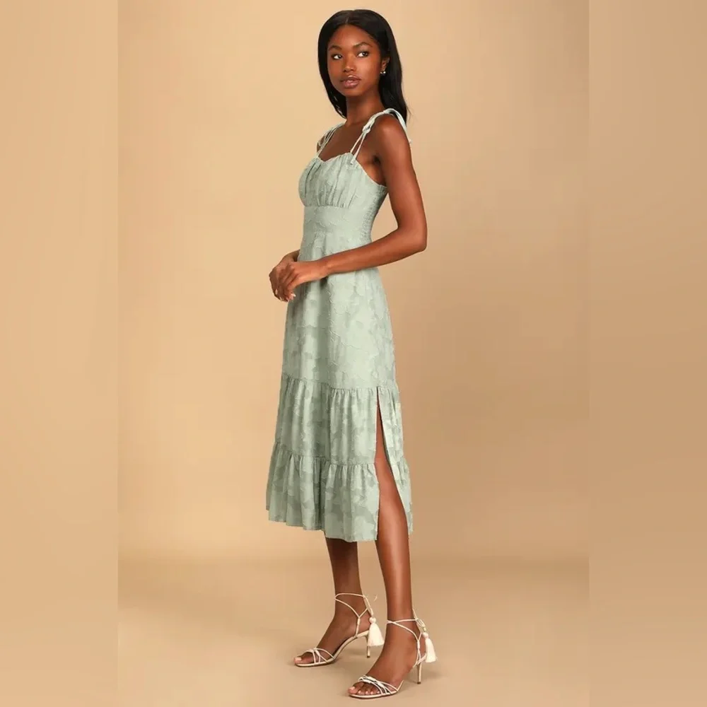 Lulus Sweet Sentiments Sage Green Jacquard Tiered Midi Dress size L - Picture 2 of 9